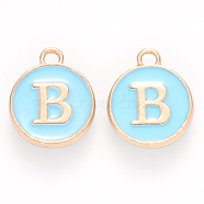 Golden Plated Alloy Enamel Charms, Cadmium Free & Lead Free, Enamelled Sequins, Flat Round, Sky Blue, Letter.B, 14x12x2mm, Hole: 1.5mm(ENAM-S118-04B)