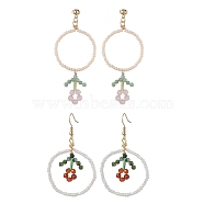 Flower Colorful Glass Seed Beads Dangle Earrings, Golden Tone 304 Stainless Steel Earring for Women, Mixed Color, 60~75x33~35mm, 2Pairs/set(EJEW-MZ00148)