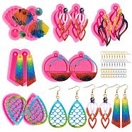 6Pcs DIY Pendant Silicone Molds, Resin Casting Molds, For UV Resin, Epoxy Resin Jewelry Making, with 20Pcs Iron Open Jump Rings and 20Pcs Earring Hooks, Leaf & Teardrop & Shell & Semi-sphere, Hot Pink, Molds: 45~70x45~78x5~8mm(DIY-SZ0006-41)