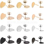 24Pcs 12 Style 304 Stainless Steel Stud Earring Findings, with Hole, Flat Round & Heart & Teardrop, Mixed Color, 8~13x5~13x0.6~1mm, Hole: 1.2~1.5mm, Pin: 0.7~0.8mm, 2pcs/style(STAS-UN0031-56)