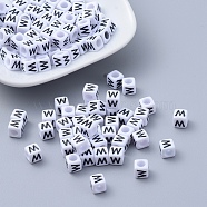 Acrylic Horizontal Hole Letter Beads, Cube, White, Letter W, Size: about 6mm wide, 6mm long, 6mm high, hole: about 3.2mm, about 2600pcs/500g(PL37C9308-W)