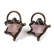 Natural Rose Quartz Merkaba Star Pendants, Brass Star Charms with Jump Rings, Red Copper, 35x31x20mm, Hole: 6mm(G-C144-02R-03)