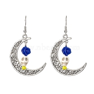Halloween Alloy Synthetic Turquoise Dangle Earrings,  Brass Resin Earring for Women, Moon with Skull, Royal Blue, 58x35mm(EJEW-JE05844-05)