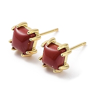 Natural Red Jasper Square Stud Earrings, Rack Plating Brass Earrings, Cadmium Free & Lead Free, Real 18K Gold Plated, 8x8mm(EJEW-B027-14G)