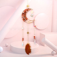 Wire Wrapped Natural Carnelian Moon with Tree of Life Pendant Decorations, Glass Cone and Natural Agate Slice Suncatchers Tassel Window Hanging Ornaments, 530~585mm(HJEW-K046-07G-03)