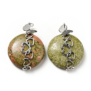 Natural Unakite Pendants, Flat Round Charm, with Stainless Steel Color Tone Heart 304 Stainless Steel Findings, 39.5x30x10.5mm, Hole: 2.6mm(G-D473-04P-02)