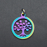 Ion Plating(IP) 201 Stainless Steel Pendants, with Jump Ring, Laser Cut, Ring with Tree of Life, Rainbow Color, 17.5x15x1mm, Jump Ring: 5x0.8mm, Inner Diameter: 3mm(STAS-S105-JA580)