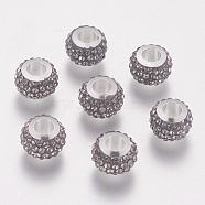 304 Stainless Steel European Beads, with Polymer Clay Rhinestone, Large Hole Beads, Rondelle, Black Diamond, 11x7.5mm, Hole: 5mm(CPDL-E045-A14)