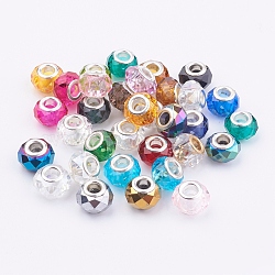 Glass European Beads, Large Hole Rondelle Beads, with Silver Color Plated Brass Cores, Faceted, Mixed Color, 14x9mm, Hole: 5mm(GPDL-J026)