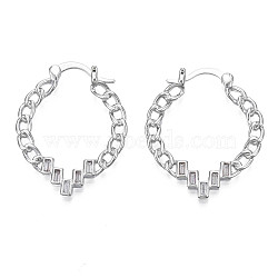 Clear Cubic Zirconia Teardrop Hoop Earring, Brass Curb Chain Shape Earrings for Women, Nickel Free, Real Platinum Plated, 32x24.5x2mm, Pin: 1.5mm(EJEW-N011-56-01P)