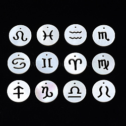 Natural Freshwater Shell Charms, Flat Round, Hollow, 12 Constellations, 12x1.5mm, Hole: 0.9mm, 12pcs/set(SHEL-N027-10)