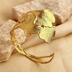 304 Stainless Steel Open Cuff Bangles, Leaf, Real 18K Gold Plated, 2 inch(5.1cm), Inner Diameter: 2x2-3/8 inch(5x6cm)(BJEW-K264-01G-01)