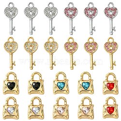 12Pcs 5 Styles Alloy Rhinestone Pendants, Heart Key & Padlock Charms, Platinum & Golden, 19~25x11~13x2~5mm, Hole: 4.5x5mm(FIND-FS0002-08)