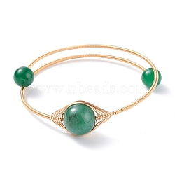 Natural Green Aventurine Round Beaded Bangle, Adjustable Copper Wire Torque Bangle for Women, Golden, Inner Diameter: 2 inch(5.2cm)(BJEW-JB07816-02)