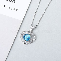 Anti-Tarnish Rhodium Plated 925 Sterling Silver Pendants, with Cubic Zirconia, Heart, Deep Sky Blue, Platinum, 13mm(ZIRC-BB50406-D)