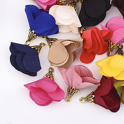 Cloth Pendants, with Alloy Findings, Flower, Antique Golden, Mixed Color, 25~28x24~32mm, Hole: 1.6mm(X-FIND-S300-35)