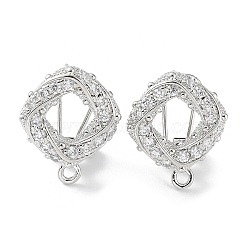 Hollow Rhombus Brass Micro Pave Cubic Zirconia Stud Earrings Finding, with Horizontal Loops, Cadmium Free & Lead Free, Platinum, 18x15mm, Hole: 1.4mm, Pin: 0.8mm(KK-E083-05P)