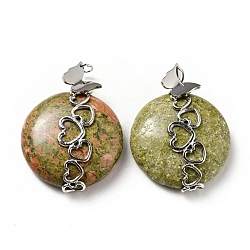 Natural Unakite Pendants, Flat Round Charm, with Stainless Steel Color Tone Heart 304 Stainless Steel Findings, 39.5x30x10.5mm, Hole: 2.6mm(G-D473-04P-02)