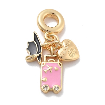 Brass Pink Enamel & Clear Cubic Zirconia Dangle Charms, Large Hole Pendants, Real 18K Gold Plated, Hat & Luggage & Heart, 32mm, Hole: 4.5mm