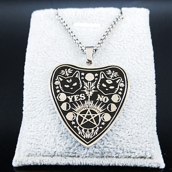 304 Stainless Steel Pendant Necklaces, with Enamel, Heart with Cat, Stainless Steel Color, 20.00 inch(50.8cm)