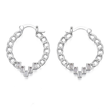 Clear Cubic Zirconia Teardrop Hoop Earring, Brass Curb Chain Shape Earrings for Women, Nickel Free, Real Platinum Plated, 32x24.5x2mm, Pin: 1.5mm
