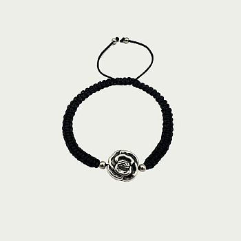 Rose Flower Alloy Link Bracelet, Polyester Braided Adjustable Bracelets, Antique Silver, no size