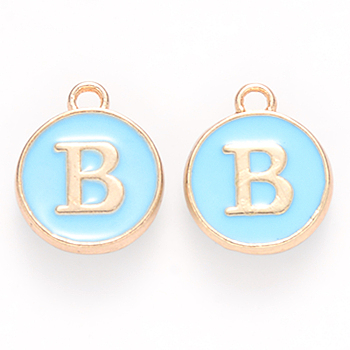 Golden Plated Alloy Enamel Charms, Cadmium Free & Lead Free, Enamelled Sequins, Flat Round, Sky Blue, Letter.B, 14x12x2mm, Hole: 1.5mm