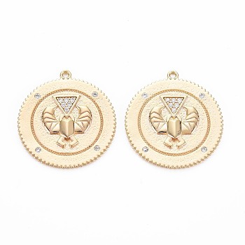 Brass Micro Pave Clear Cubic Zirconia Pendants, Nickel Free, Flat Round, Real 18K Gold Plated, 25x23x2mm, Hole: 1.2mm