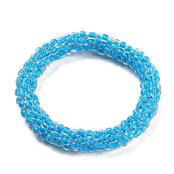 Crochet Glass Beads Braided Stretch Bracelet, Nepel Boho Style Bracelet, Deep Sky Blue, Inner Diameter: 1-3/4 inch(4.5cm)