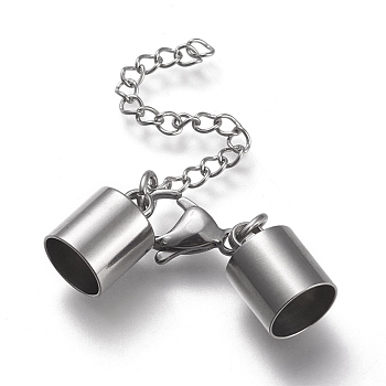 304 Stainless Steel Chain Extender, with Cord Ends, Curb Chains and Lobster Claw Clasps, Stainless Steel Color, 43mm ong, Cord Ends: 14.5x10mm, 8.5mm inner diameter
