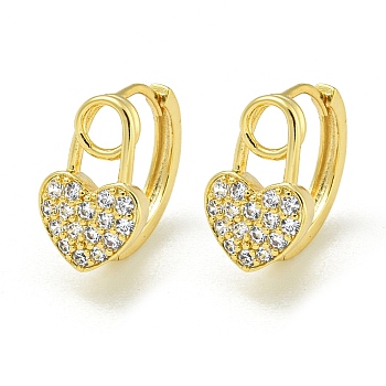 Brass Hoop Earrings, with Clear Cubic Zirconia, Heart, Golden, 15x9mm