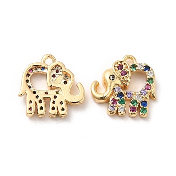 Brass with Colorful Cubic Zirconia Charms, Elephant, Real 18K Gold Plated, 12x12x2.5mm, Hole: 1mm