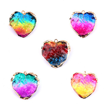 Rainbow Color Glass Pendants, with Golden Tone Stainless Steel Edge & Loop, Heart, 30x30mm