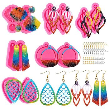 6Pcs DIY Pendant Silicone Molds, Resin Casting Molds, For UV Resin, Epoxy Resin Jewelry Making, with 20Pcs Iron Open Jump Rings and 20Pcs Earring Hooks, Leaf & Teardrop & Shell & Semi-sphere, Hot Pink, Molds: 45~70x45~78x5~8mm