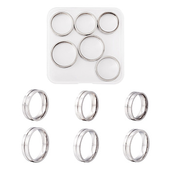 6Pcs 6 Style 202 & 304 Stainless Steel Grooved Finger Ring for Men Women, Stainless Steel Color, US Size 6 3/4~US Size 12 3/4(17.1~22mm), 1Pc/style