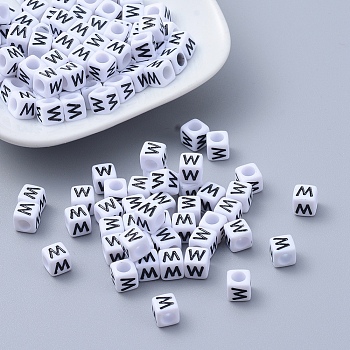 Acrylic Horizontal Hole Letter Beads, Cube, White, Letter W, Size: about 6mm wide, 6mm long, 6mm high, hole: about 3.2mm, about 2600pcs/500g