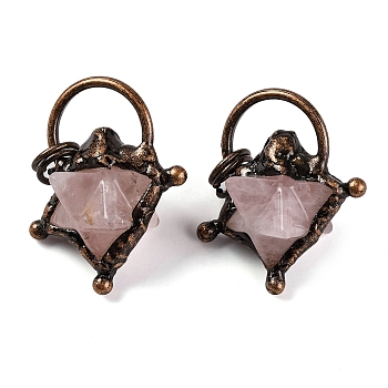 Natural Rose Quartz Merkaba Star Pendants, Brass Star Charms with Jump Rings, Red Copper, 35x31x20mm, Hole: 6mm