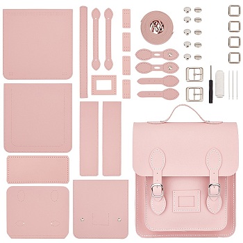 DIY Sew on PU Leather Satchel Making Kits, including Bottom & Cover, Shoulder Strap, Screwdriver, Bag Handle, Key Ring, Wax Cord, Needle, Screw, Pink, Finished Product: 26.5x22.5x7cm