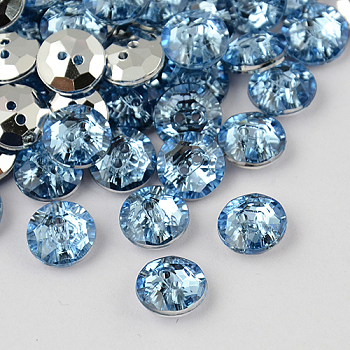 2-Hole Taiwan Acrylic Rhinestone Flat Round Buttons, Faceted & Silver Plated Pointed Back, Light Blue, 10x4mm, Hole: 1mm