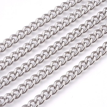 201 Stainless Steel Curb Chains, Unwelded, Faceted, Stainless Steel Color, 6mm