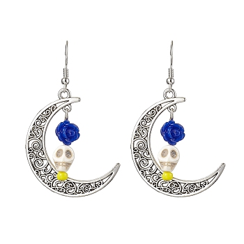 Halloween Alloy Synthetic Turquoise Dangle Earrings,  Brass Resin Earring for Women, Moon with Skull, Royal Blue, 58x35mm