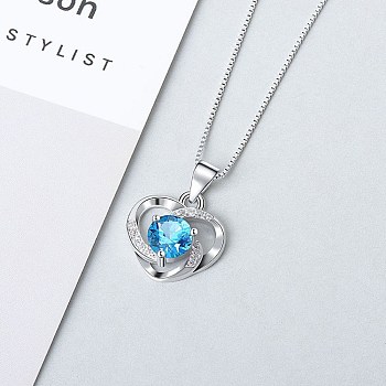 Anti-Tarnish Rhodium Plated 925 Sterling Silver Pendants, with Cubic Zirconia, Heart, Deep Sky Blue, Platinum, 13mm