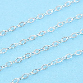 Brass Cable Chains, Soldered, Flat Oval, Nickel Free, Silver, 3x2x0.5mm, about 5m/roll