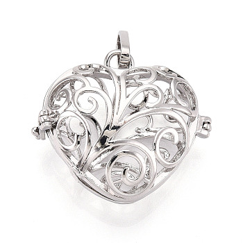 Rack Plating Brass Cage Pendants, Nickel Free, For Chime Ball Pendant Necklaces Making, Hollow Heart, Platinum, 31x33x15.5mm, Hole: 3x7mm, inner measure: 22x26mm