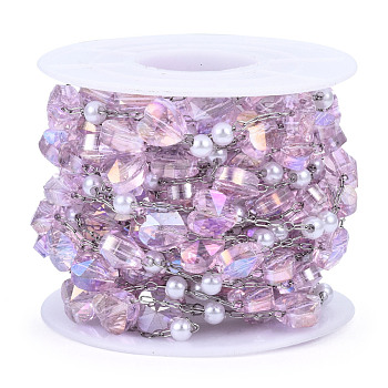 Glass Heart & ABS Plastic Pearl Beaded Chains, with Stainless Steel Color Plated 316 Stainless Steel Paperclip Chains, Soldered, Faceted, with Spool, Pink, 8x8x6mm, about 16.40 Feet(5m)/Roll