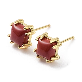 Natural Red Jasper Square Stud Earrings, Rack Plating Brass Earrings, Cadmium Free & Lead Free, Real 18K Gold Plated, 8x8mm