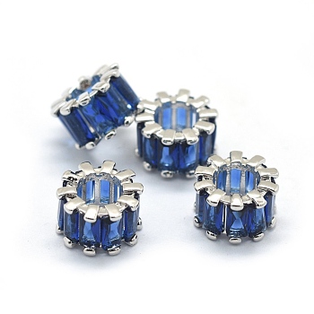 Cubic Zirconia European Beads, Large Hole Beads, with Brass Findings, Column, Platinum, Prussian Blue, 10.5x6.5mm, Hole: 5.5mm