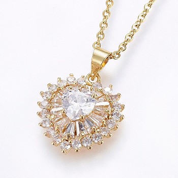 304 Stainless Steel Pendant Necklaces, with Cubic Zirconia, Heart, Golden, 17.71 inch(45cm), Pendant: 22x16x5.5mm