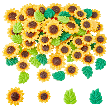 100Pcs 3 Styles Opaque Resin Cabochons, Sunflower & Leaf, Mixed Color, 18.5~20x15.5~20x4~7mm, 100pcs/set