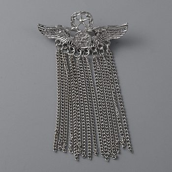 Alloy Eagle Wing with Pentagram Brooch Pin, Long Chain Tassel Lapel Pin for Backpack Clothes, Platinum, 92.5x55x3mm